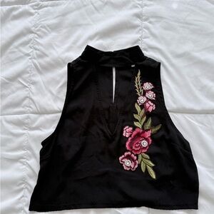 Candie's Black Crop Top with Pink and Green Floral Accents